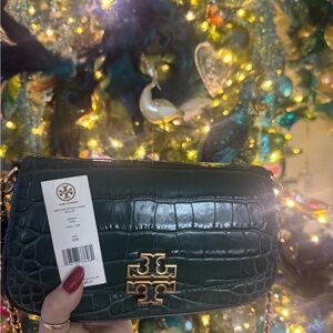Tory Burch Dark Green Croc-Embossed Gold emblem and gold removable chain Bag